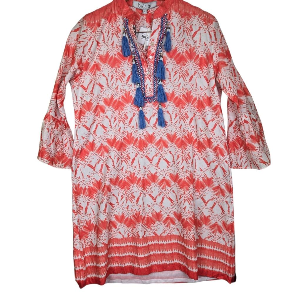 Bella Tu Beaded Tunic Coral Dress Large Blue‎ Tassels Lined Mini Bohemian